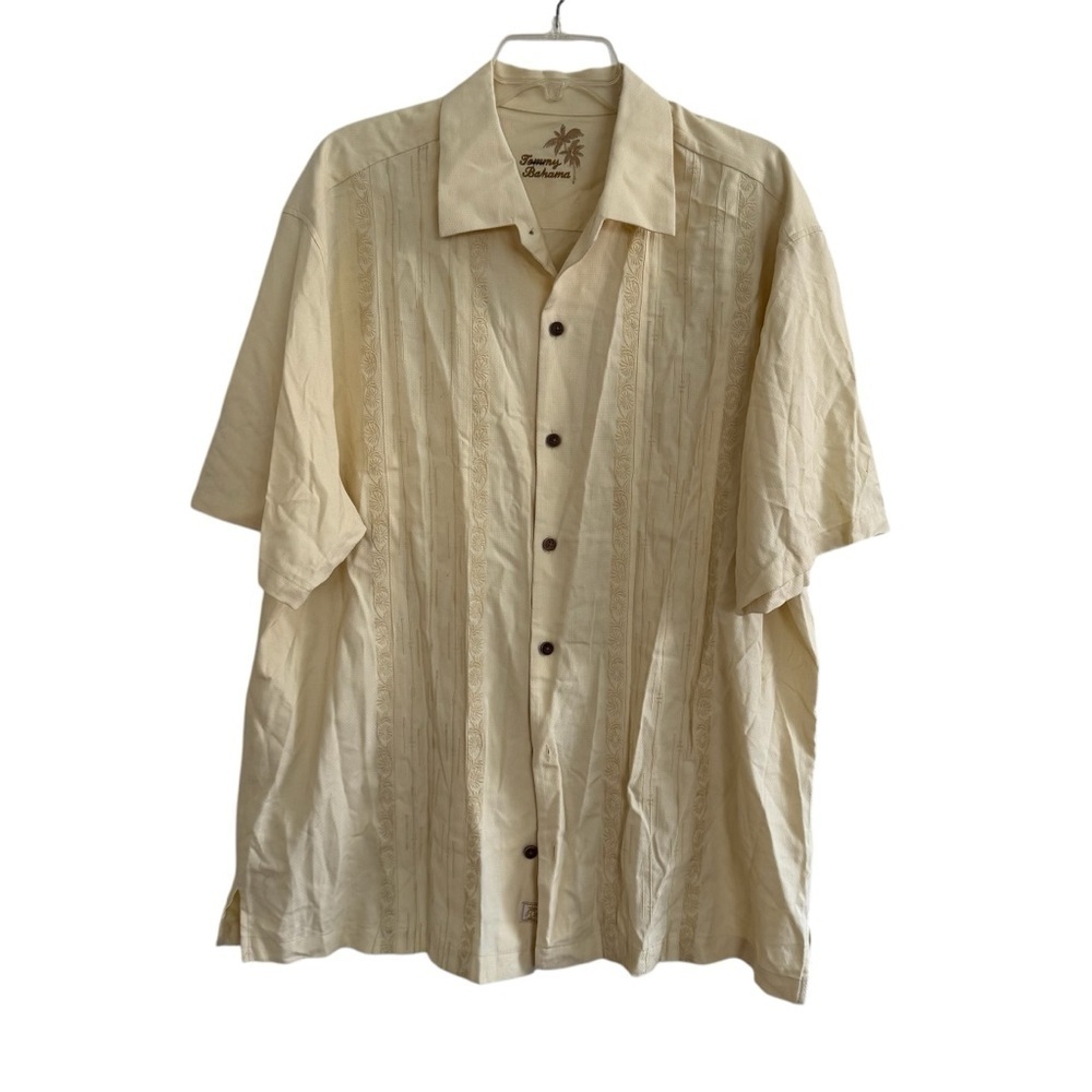 Tommy Bahama Yellow Floral Embroidered T-Shirt Button Up Collar Silk XL